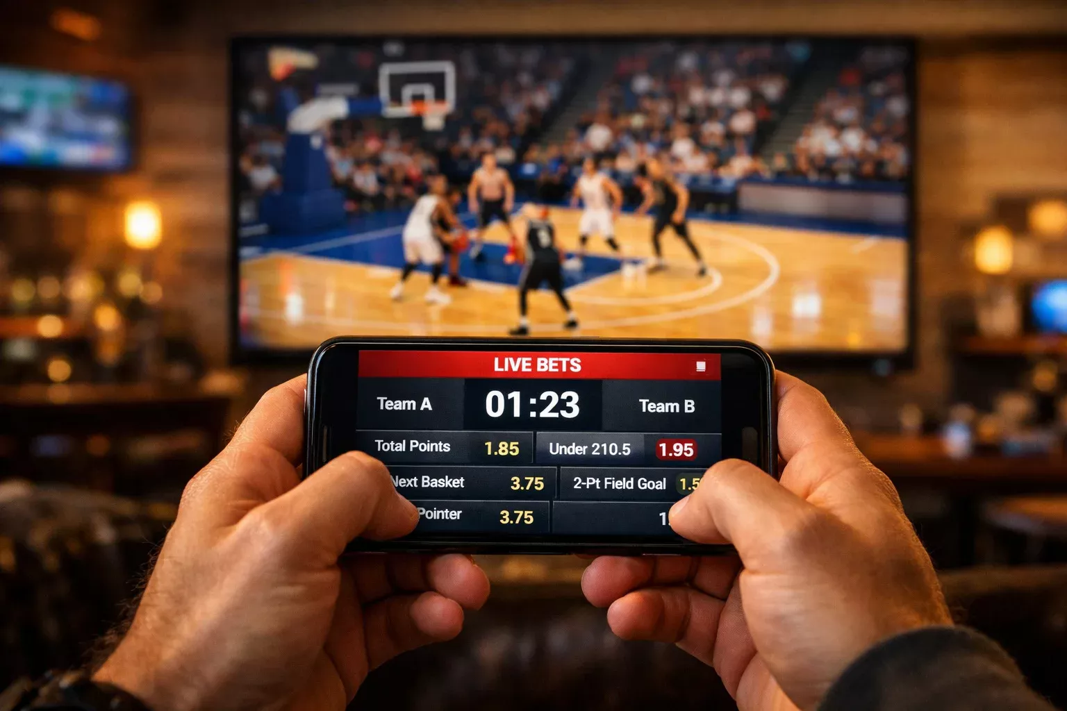 Fan siguiendo un partido de baloncesto NBA en directo mientras consulta su teléfono móvil