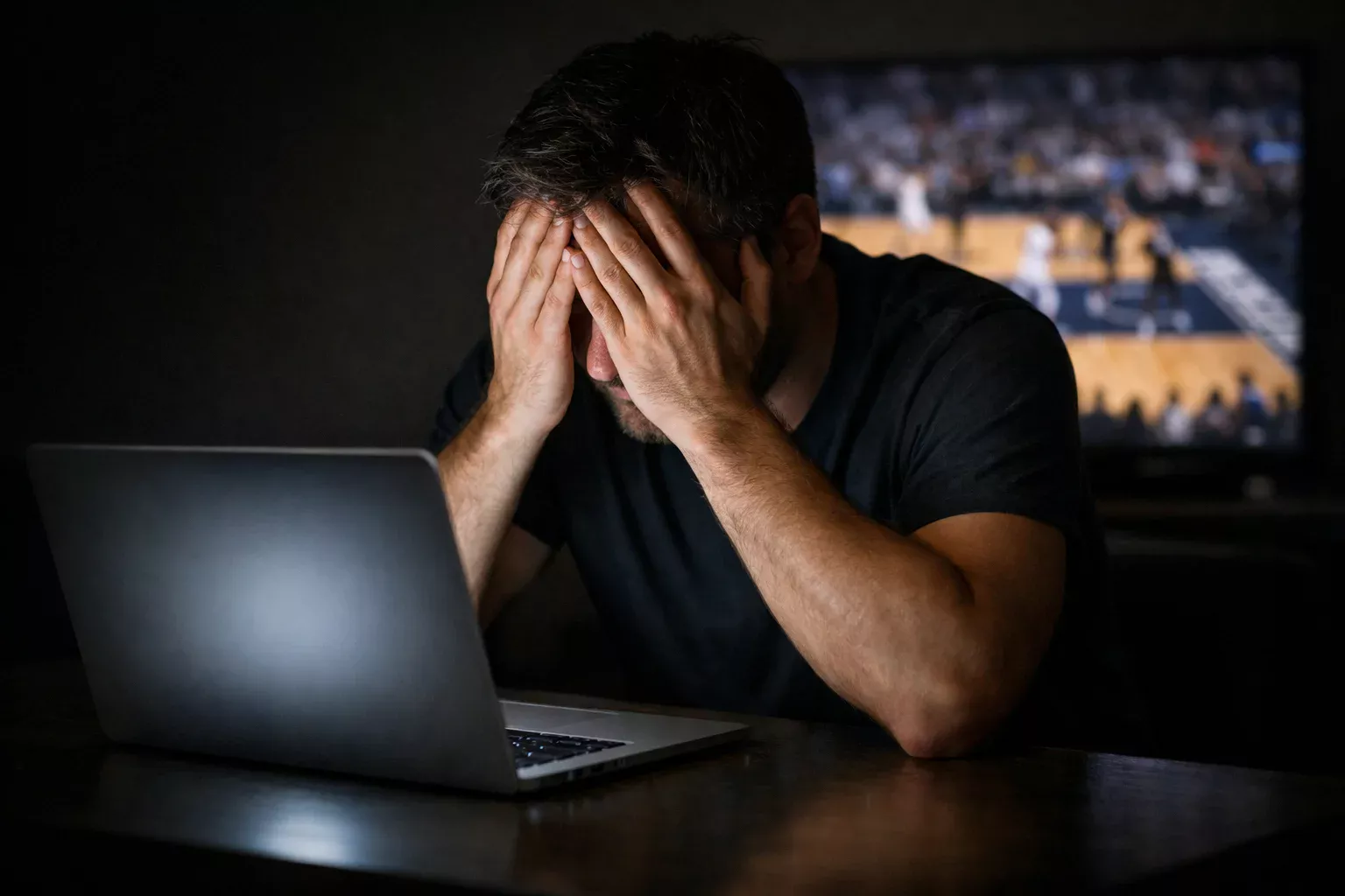 Hombre frustrado con la cabeza entre las manos frente a un portátil con un partido NBA de fondo