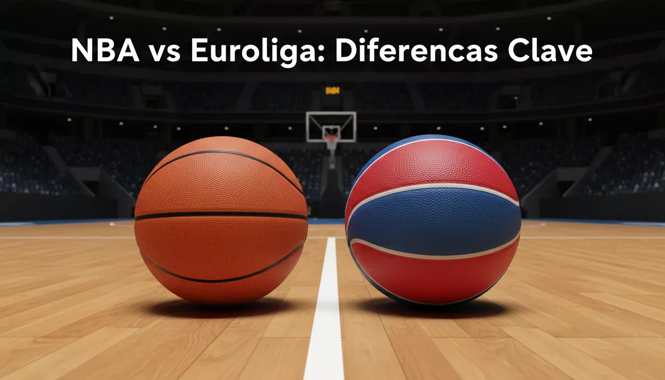 Dos balones de baloncesto, uno NBA y otro de Euroliga, lado a lado en una cancha de parqué
