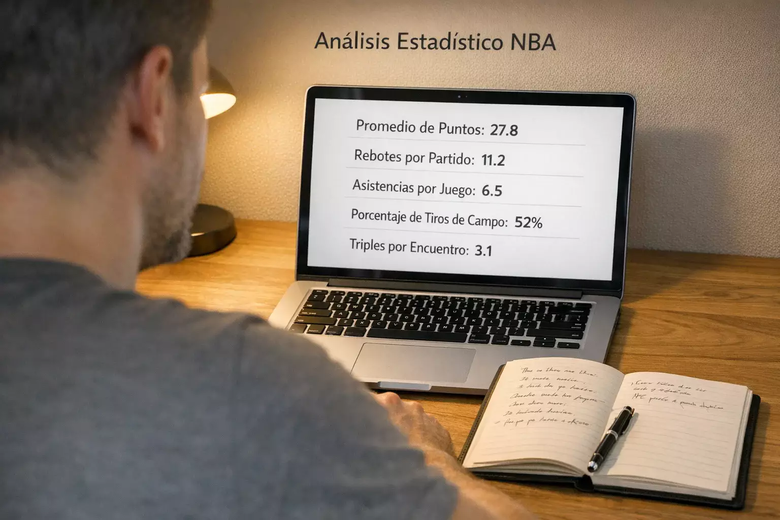 Persona analizando estadísticas de baloncesto NBA en un portátil con un cuaderno de notas