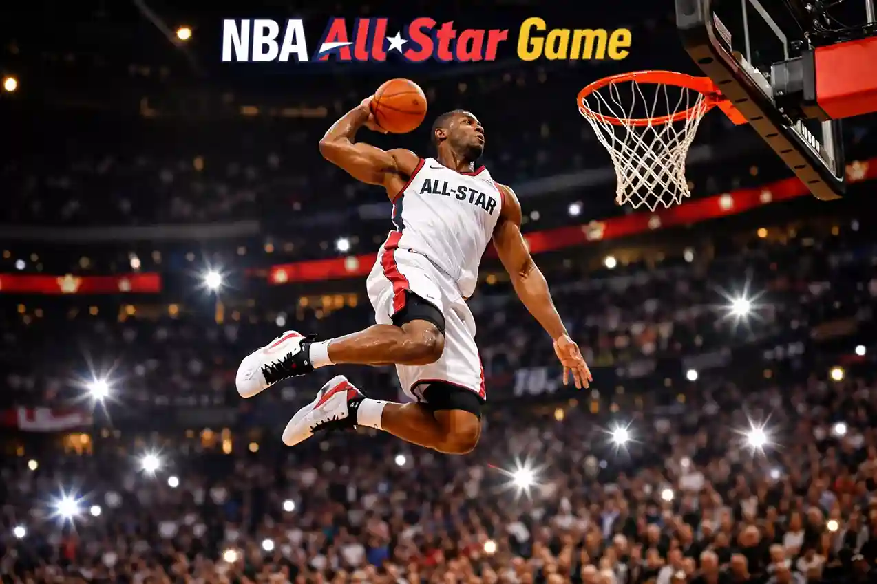 Jugador de baloncesto NBA realizando un mate espectacular durante el concurso de mates