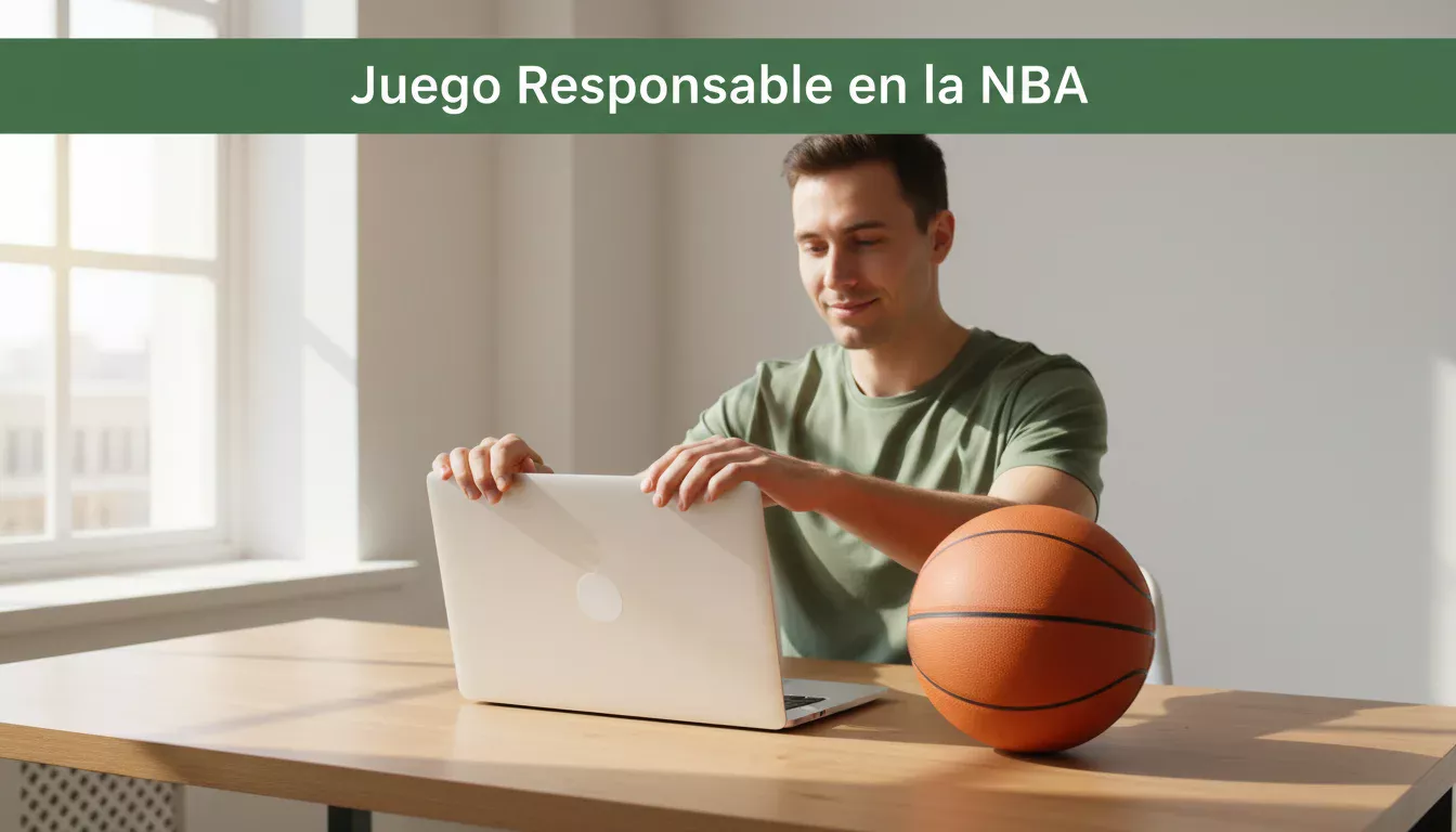 Persona cerrando tranquilamente un portátil con una expresión serena y un balón de baloncesto NBA al lado