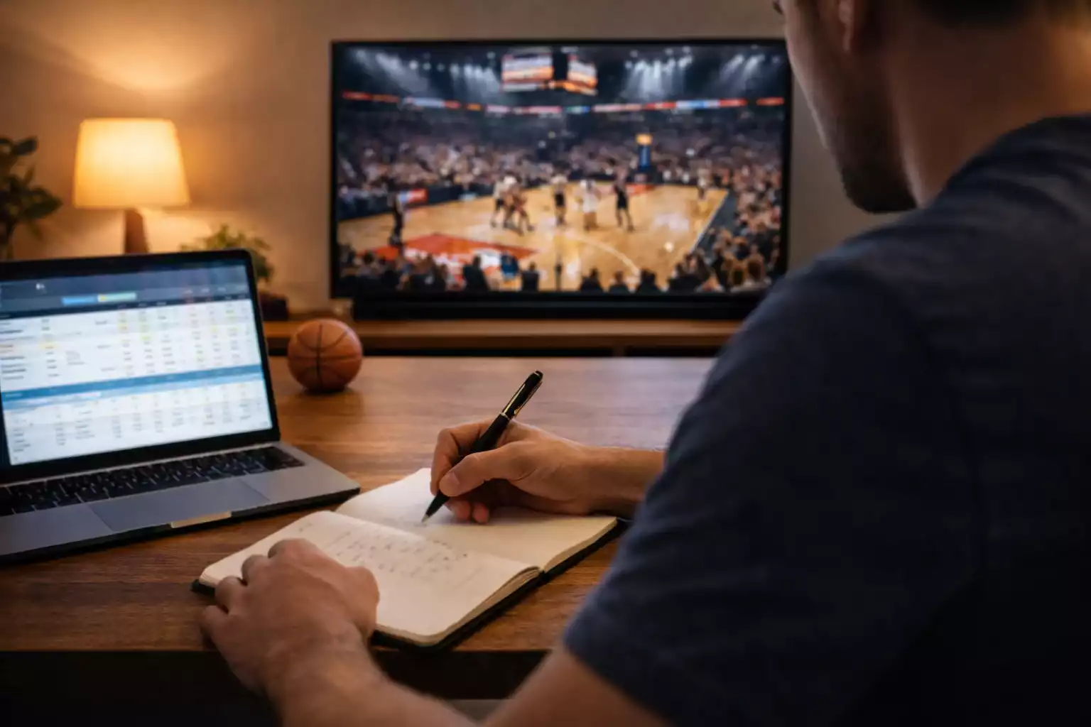 Persona tomando notas mientras analiza un partido de baloncesto NBA en televisión