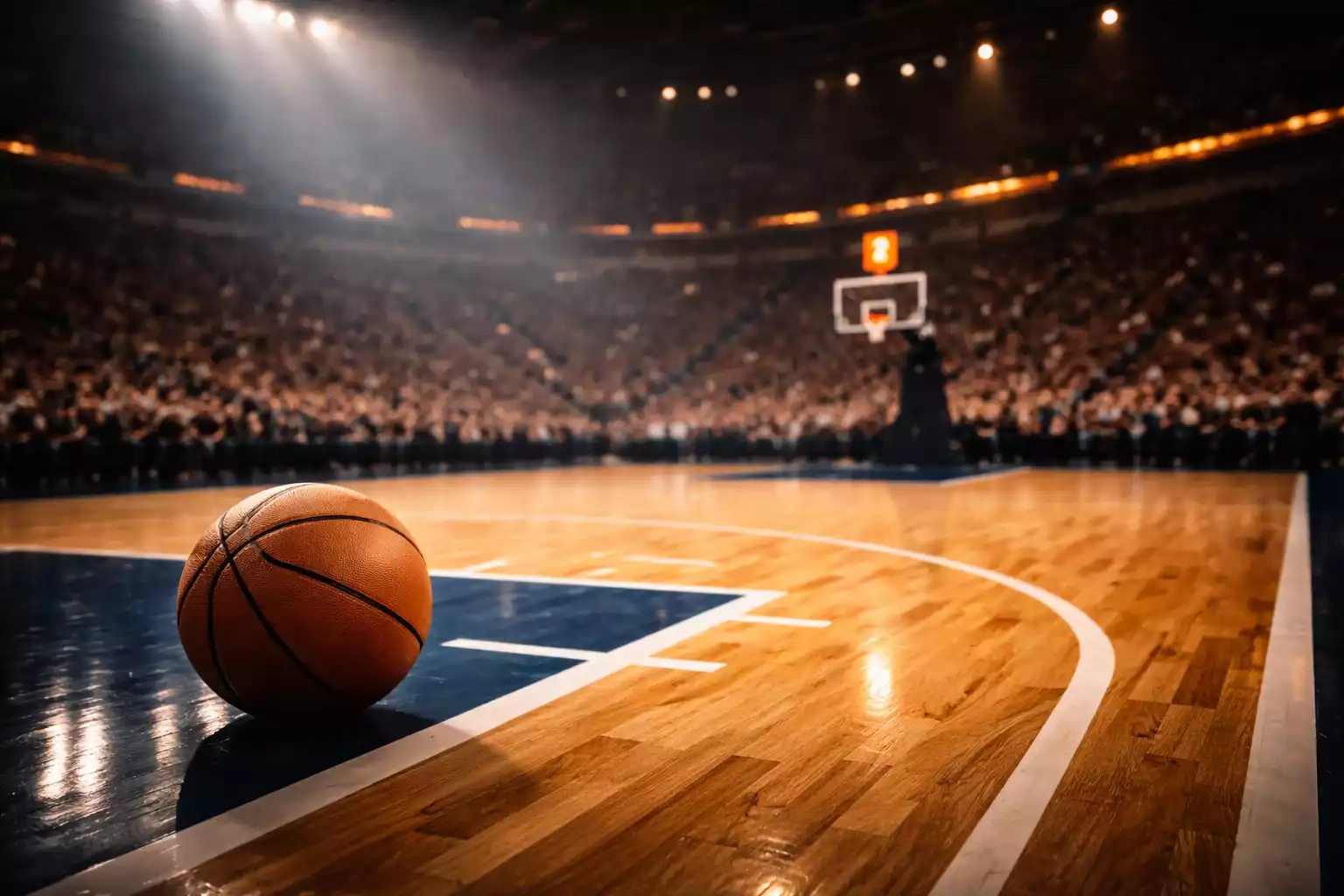 Cancha de baloncesto NBA iluminada con jugadores en acción durante un partido profesional