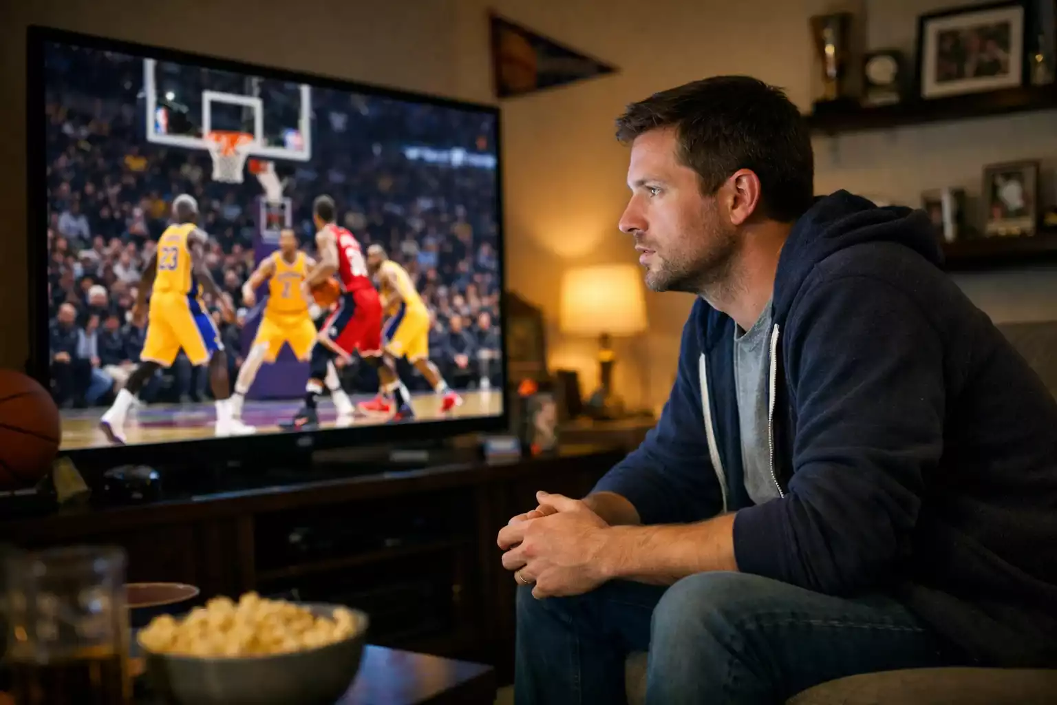 Aficionado viendo partido de baloncesto NBA en pantalla grande