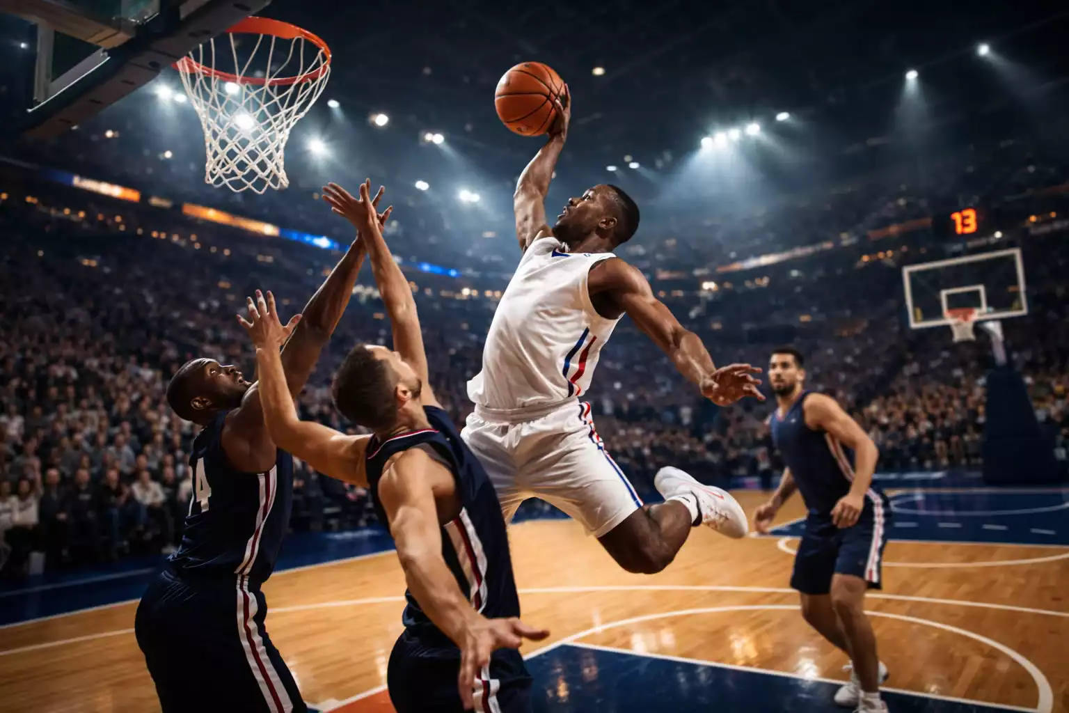 Jugadores de baloncesto NBA en acción de anotación bajo el aro