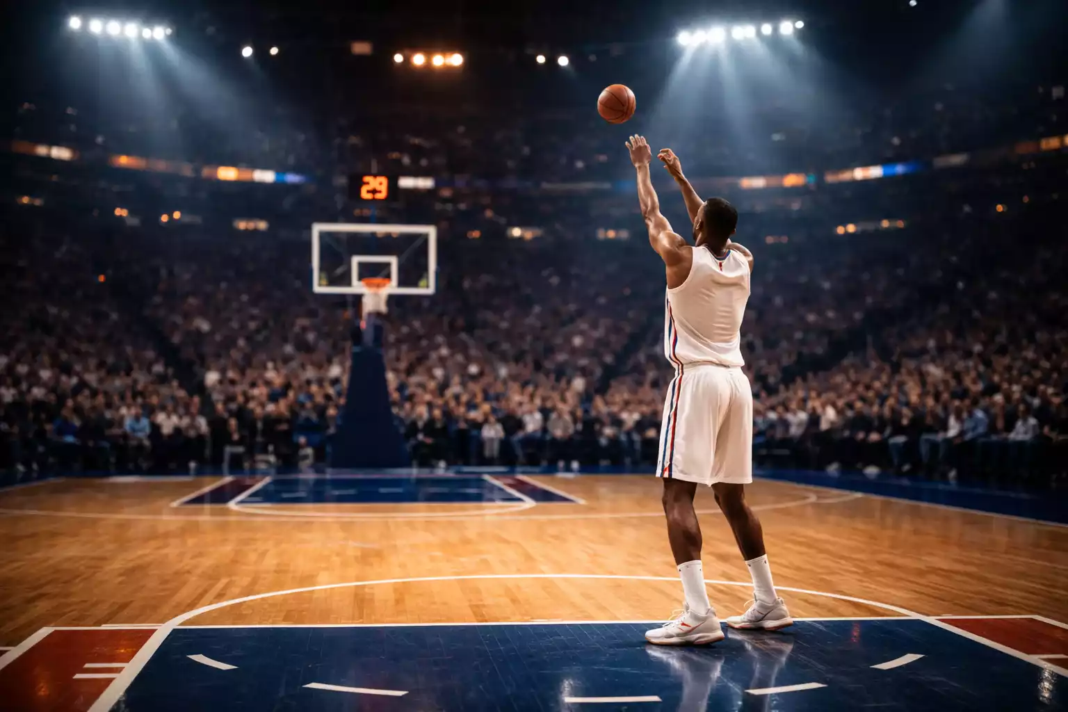 Jugador de baloncesto NBA lanzando tiro libre en estadio lleno