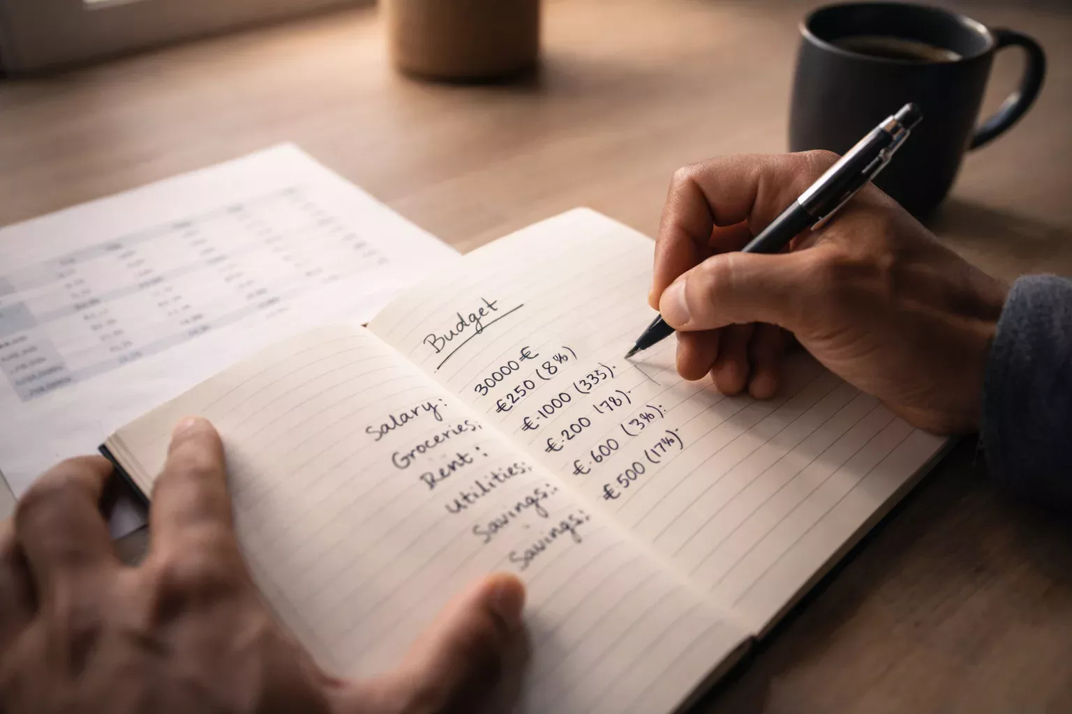 Persona escribiendo presupuesto en cuaderno con bolígrafo