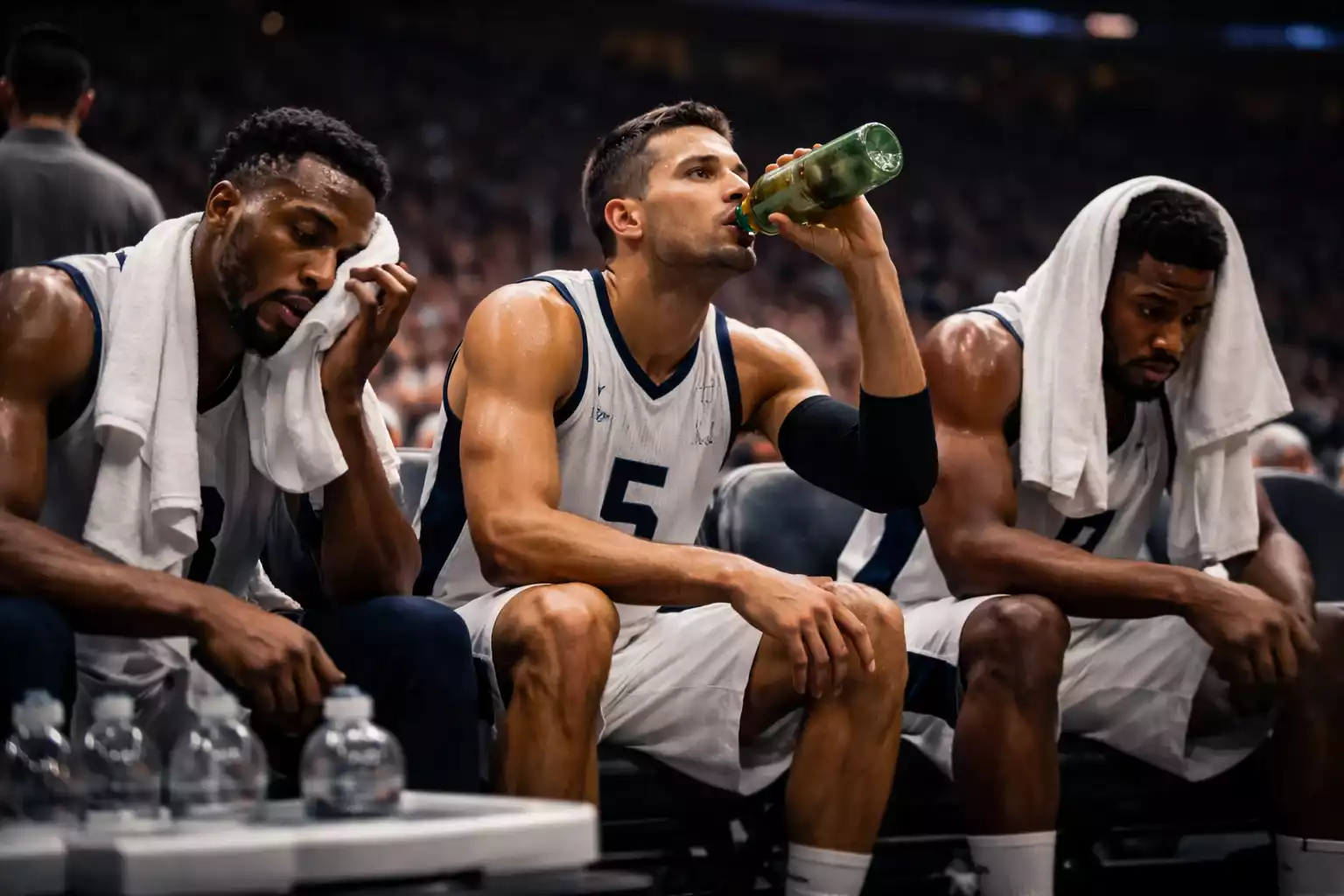 Jugadores de baloncesto NBA cansados en el banquillo durante partido