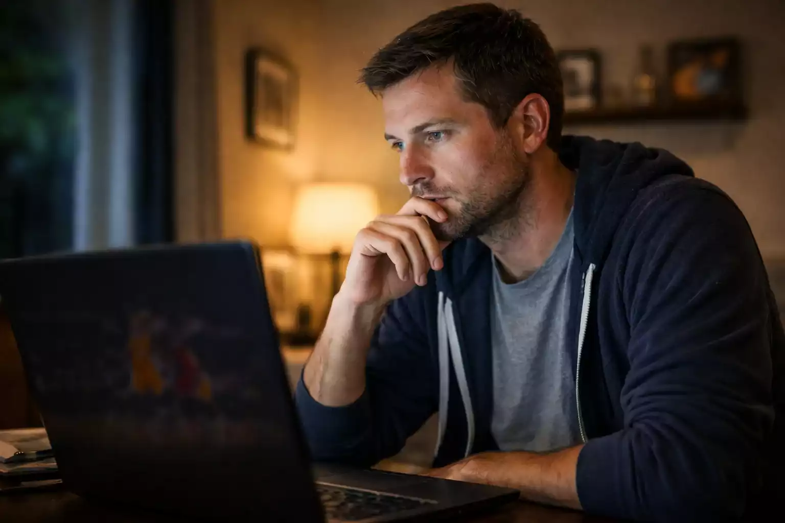 Hombre pensativo con expresión de concentración mirando pantalla