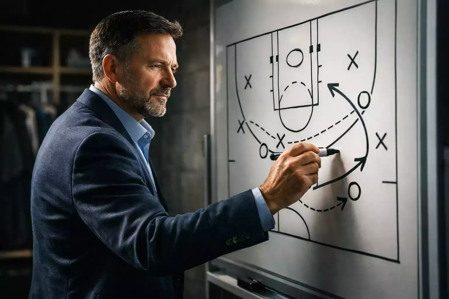 Entrenador de baloncesto NBA analizando táctica en pizarra