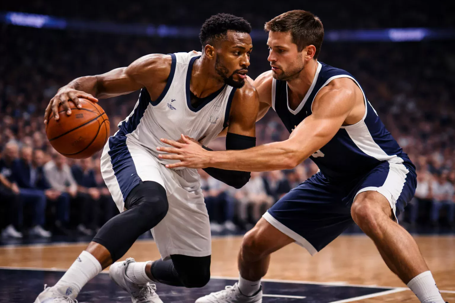 Jugadores de baloncesto NBA en defensa intensa durante playoffs