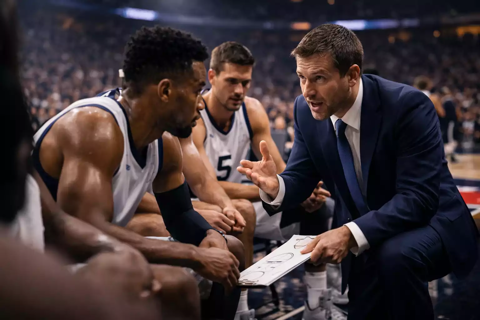 Entrenador de baloncesto NBA hablando con jugadores en tiempo muerto