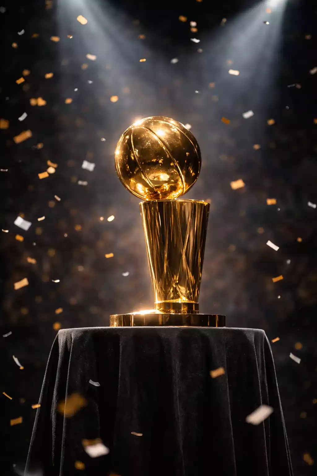 Trofeo de campeón NBA iluminado en escenario de premiación