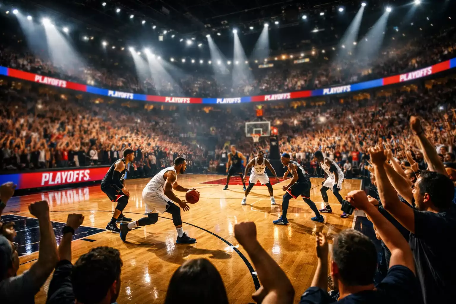 Estadio NBA lleno durante partido de playoffs con ambiente intenso