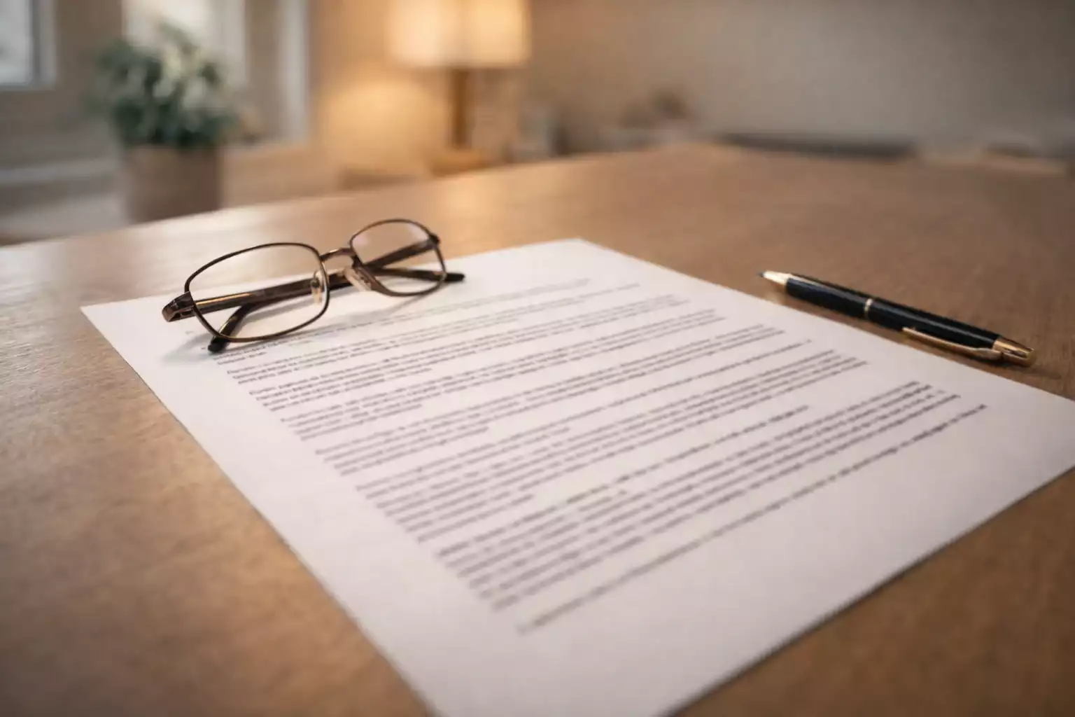 Documento con términos y condiciones junto a bolígrafo sobre mesa