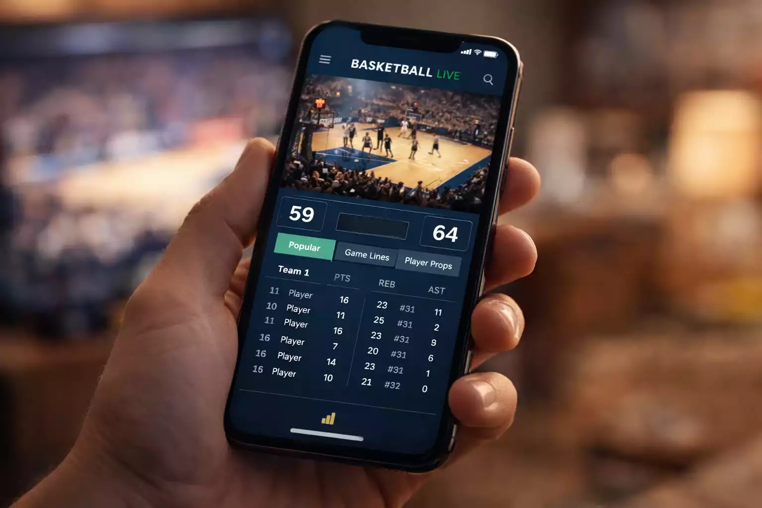 Smartphone mostrando aplicación de apuestas deportivas con partido NBA