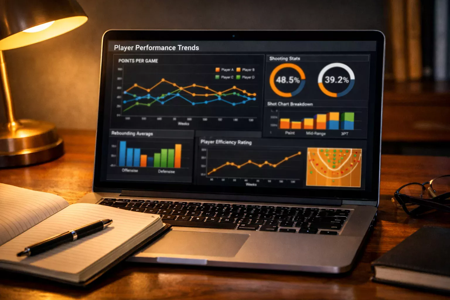 Portátil mostrando gráficos de rendimiento de jugadores NBA