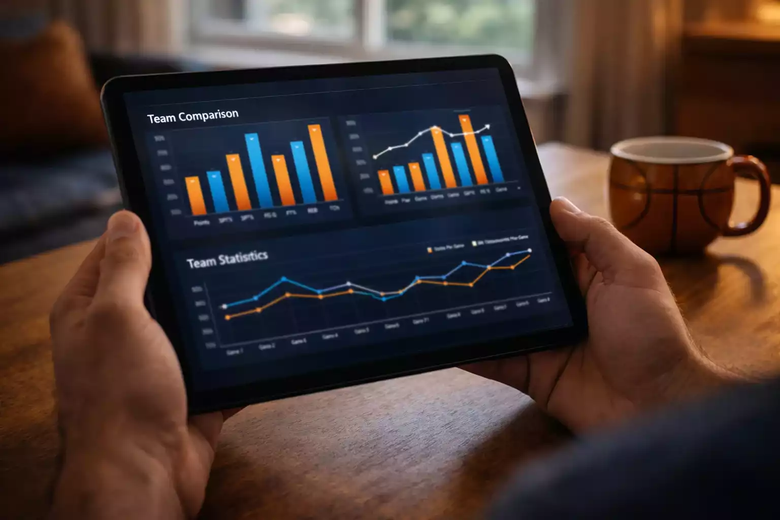 Aficionado analizando estadísticas de baloncesto NBA en una pantalla con datos de rendimiento de equipos