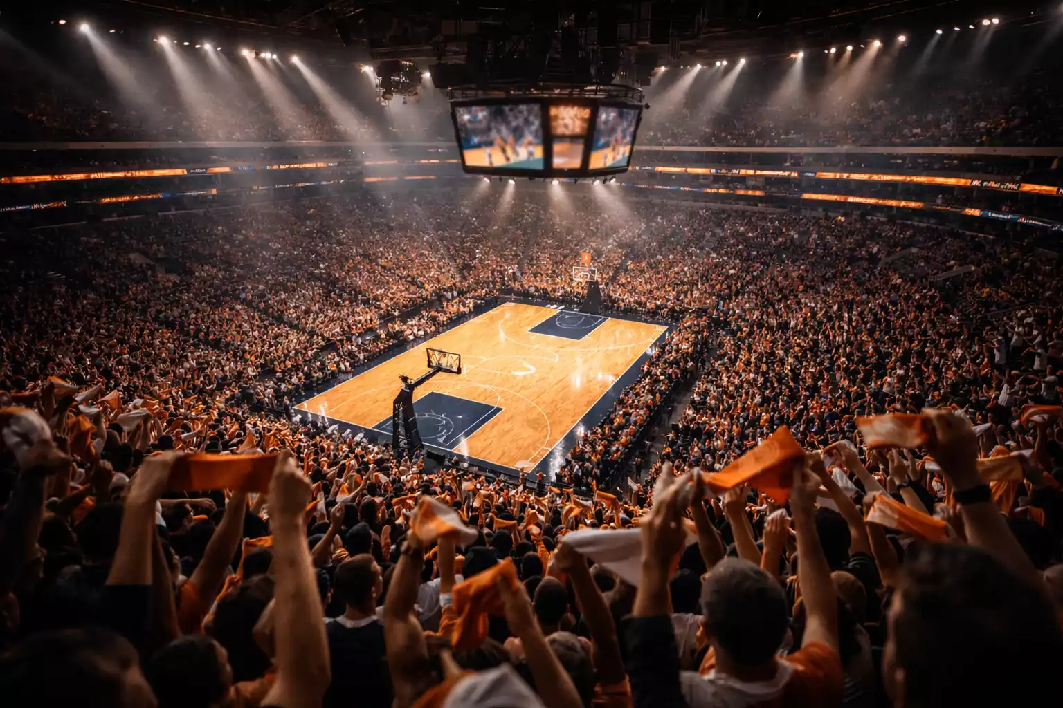 Ambiente vibrante en un pabellón durante playoffs de la NBA con aficionados celebrando